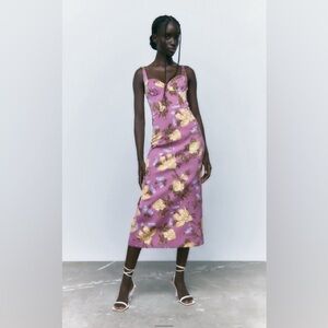 Zara Purple Lavender Yellow Floral Corset Fitted Midi Dress size M